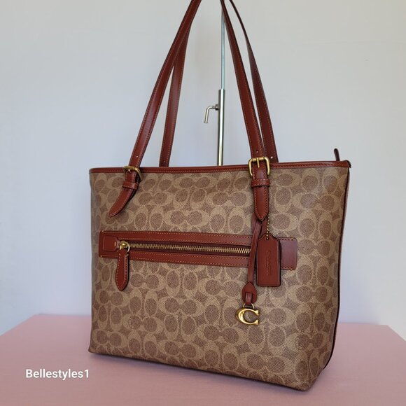 COACH Taylor Signature Logo Canvas Tote with C Dangle Charm-Tan Rust color ⭐ - Picture 4 of 16